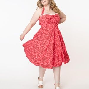 Timeless London size 12 swing dress 50s red floral pinup cotton stretch